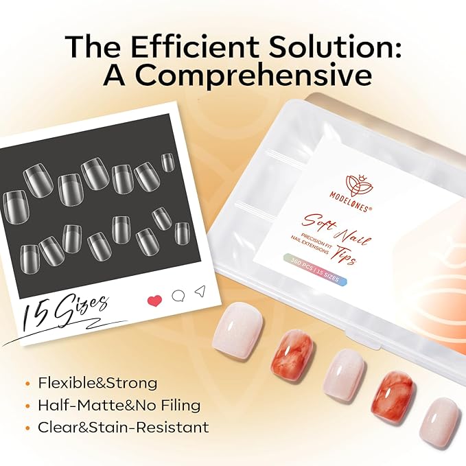 modelones Extra Short Square Gel Nail Tips, 360pcs Pre-etched Clear Fake Nails Press On Full Cover Half Matte 15 Sizes Acrylic Gel Tips for Extension Salon
