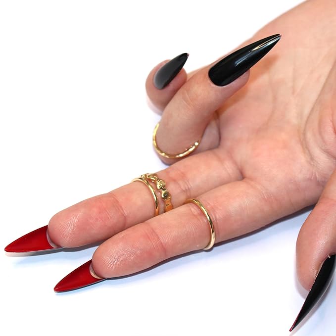 Allkem Press On Nails - Black Red Bottoms Glossy Extra Long Sculpted Stiletto 2 Set Bundle | 10 sizes - 20 pcs Nail kit with Glue