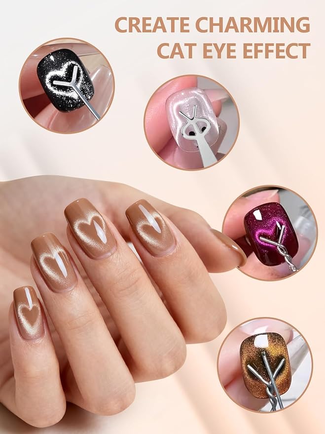 TOROKOM Multifunctional Cat Eye Nail Magnet Tool Set, 6 in 1 Wooden Handle Nail Magnet, Heart Rabbit Shape Cat Eye Magnet for Nails, Long Strip Magnets Tool for Nail Art DIY at Home