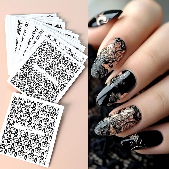 30 Sheets Black Nail Art Stickers Decals 3D Self-Adhesive Lace Nail Decals Retro Flower Designs Nail Supplies Summer Nail Decoration DIY Nails Accessories for Women