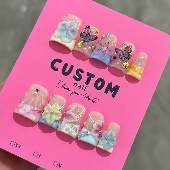 Handmade Press on Nails Butterfly Press on Nails Short Duck Shaped Fake Nails Pearl Colorful Acrylic Nails Full Cover Reusable Flower False Nails for Women Girls Nail Accessories (Size M)