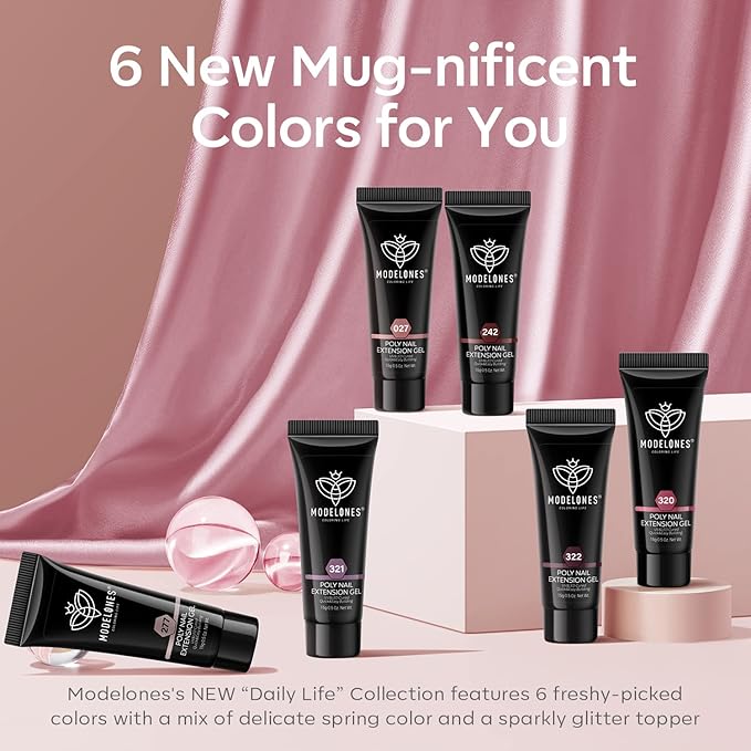 Modelones Poly Nail Gel Set, 6 Colors Peach Pink Burgundy Red Halloween Poly Extension Gel Nail Enhancement Builder Red Collection French Manicure DIY Home Salon Beauty Gift