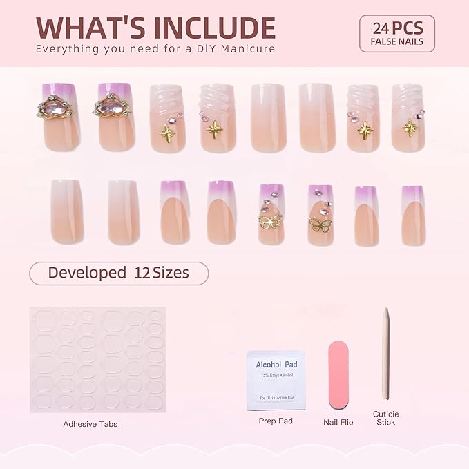 Long Press on Nails Square Fake Nails Purple Gradient French Tips Nails Press on False Nails with Relief Swirl Gold 3D Heart Designs Acrylic Nail Long Square Glue on Nail for Women Manicure