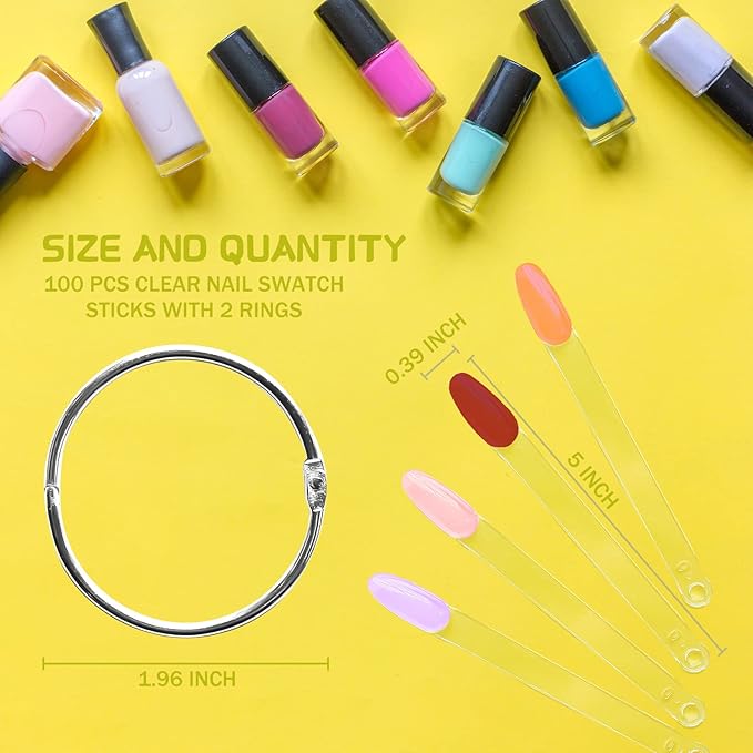 100 Pcs Clear Nail Swatch Sticks with Ring, COCOJAM Fan Shaped Nail Color Swatches Sticks, False Fake Nail Polish Sample Transparent Nail Polish Display Tips for Nail Art