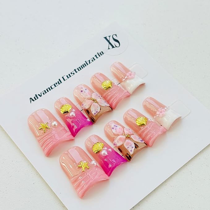 10pcs Handmade Press on Nails for Women - Medium Duck Curve 3D Thick Acrylic Fake Nails Reusable,Designer Floral Butterfly Rhinestones Bling Boho Funky Y2k Nail-art Set,L,pink floral