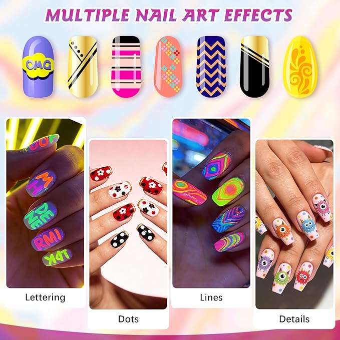 Glow In The Dark Nail Art Pens, 24 Color 0.5 MM Fluorescent Neon Nail Polish Pens Set Drawing Point Painting Liner Painted Pen Kit, Waterproof Nail for DIY Design Manicure Tools