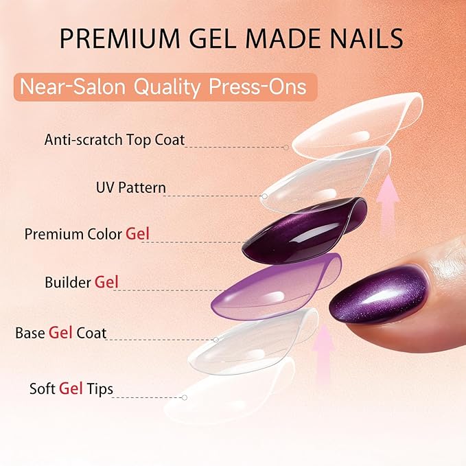 Cat Eye Press on Nails Short, Chrome Press on Nails Oval, Thick Glazed Black Purple Fake Nails Press ons for Women Party Prom, Reusable Magnet Glitter Glue On Nails Almond in 15 Sizes, 30 Pcs