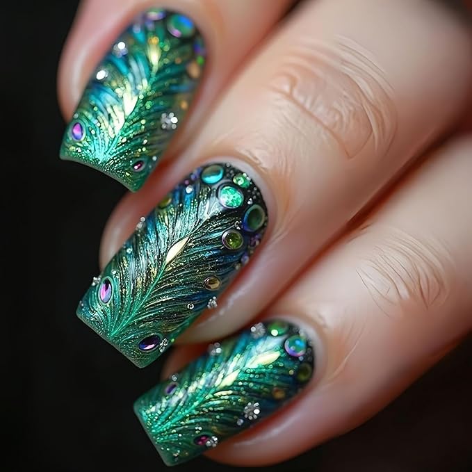Green Press on Nails Medium Square Fake Nails Feathers False Nail Glossy Full Cover Acrylic Peacock Feather Stick on Nail for Women 24Pcs