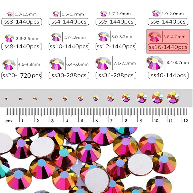 Dowarm 1440 Pieces SS16 Flatback Rhinestones, 4MM Flatback Crystal for Crafts, Nails, Dance Costumes - Non Hotfix (Metallic Rainbow AB)