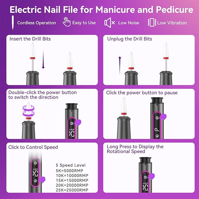 Electric Nail Drill: Professional for Acrylic Gel Powder Nails Portable Nail Drill for Manicure Pedicure Nail Efile 5 Speeds 12 in 1 with LED Display Rechargeable, Grey
