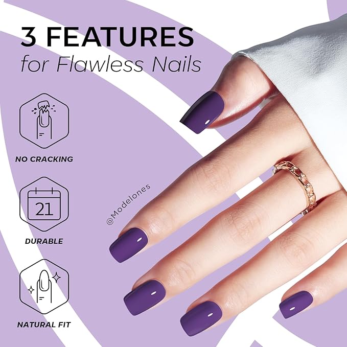 Modelones Midnight Purple Press on Nails, Short Square Fake Nails, Reusable Nail Kit with Nail Glue Adhesive Tabs Mini Nail File, Nails Press Ons 32Pcs16 Sizes, Women Girl Gift