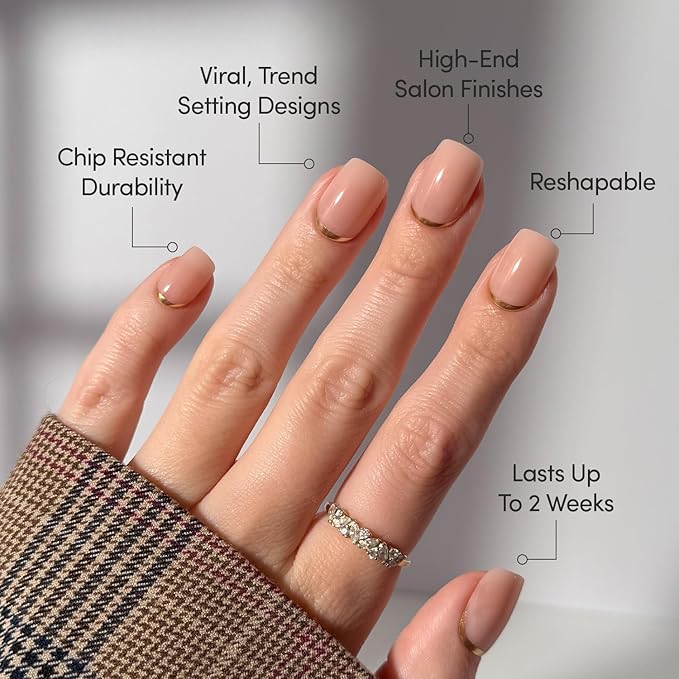 Glamnetic Press On Nails - Goal Setter | Short Squoval Neutral Fake Nails with Gold Reverse French Tip, Salon Quality Nude Nails | 15 Sizes - 30 Nail Kit with Glue