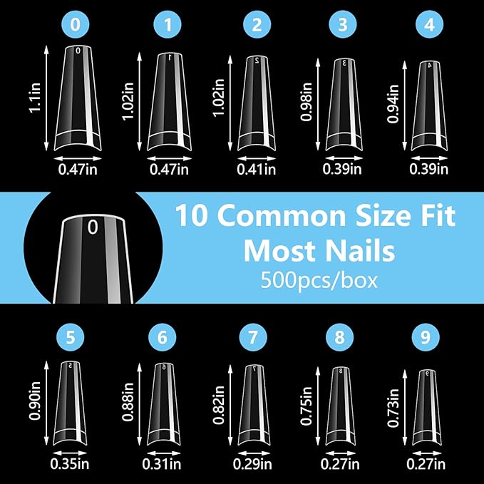 Yokilly Clear Coffin Nails Tips, 500 PCS Short C Curve Half Cover Soft Gel Nail Tips, 10 Sizes Acrylic Flase Nail Tips for Nail Salons and Home DIY