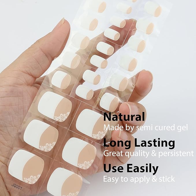 26 Pcs Semi Cured Gel Toe Nail Strips White Flower Gel Nail Stickers Full Cover Nails Wraps Nude French Toe Nails Polish Strips Stickers for Women UV/LED Light Required