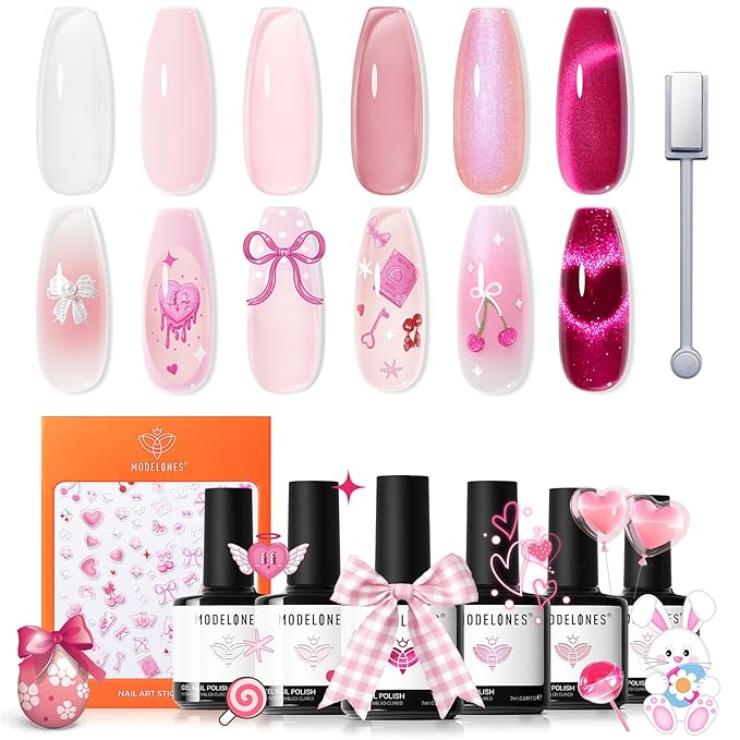 Modelones Gel Nail Polish Set, 6 Colors 2026 Spring Easter Pastel Nude Pink Milky White French Jelly Gel Polish Pearl Hot Pink Glitter Heart Cat Eye Nail Gel Polish LED DIY Gift with Stickers & Magnet