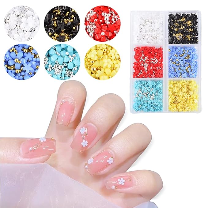 Mixed 3D Flower Nail Charms and Metal Caviar Beads, Acrylic Resin Flowers Nail Design Gold Silver Nail Ball Beads for DIY Decoration Nail Craft Accessories With Pickup Pencil(Bright Colors)