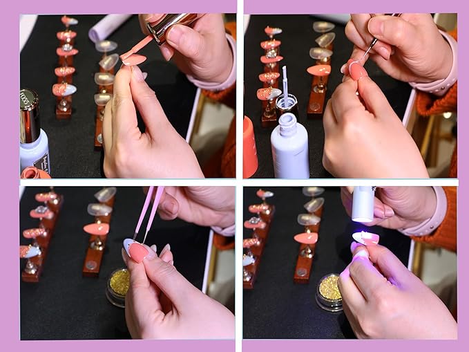 24Pcs Handmade Press on Nails, 3D Coral Pink Fake Nails with Medium Length Almond, Cute Blue French Tips Manicure Kit with Gold Lines for Women