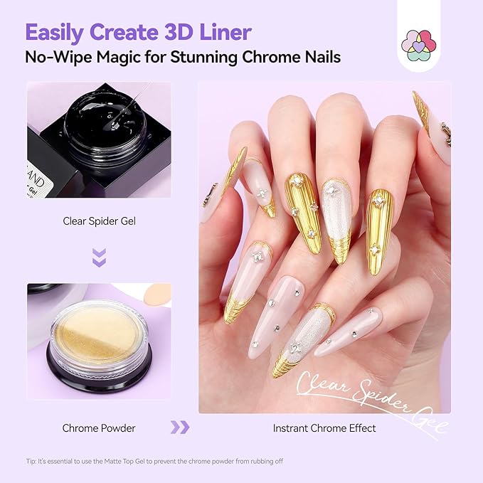SAVILAND 3D Spider Gel for Nail Art: No Wipe Clear Elastic Spider Gel with Metallic Silver Gold Chrome Powder for 3D Liner Nail Art Sculpture Design Home DIY Salon Manicure