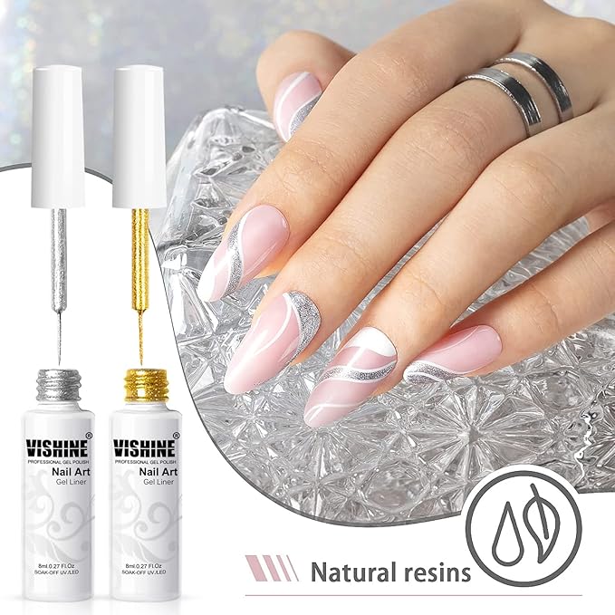 Vishine Gel Nail Polish Liner Glitter Metallic Gold Silver Glitters Colors Gel Art Paint Polish for Swirl Nails Euphoria Nail French Manicure
