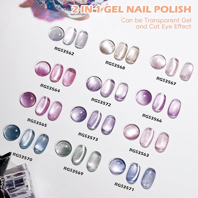 Clara Colors Cat Eye Gel Nail Polish Set, 12 Colors Rainbow Nude Pink Purple Blue Holographic Magnetic Nail Polish with Base Top Coat Magnets Soak Off UV LED Jelly Glitter Ge Polish Kit