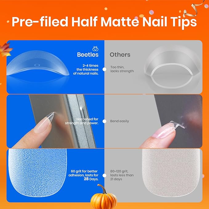 Beetles Gel Nail Kit Etch-X- Almond Short, 504pcs 12 Sizes, with 9 in 1 Nail Glue Mini Lamp, Pre-Etched Half Matte Acrylic Nail Kit for Home DIY Nail Extension Set, Halloween Christmas Gift for Women