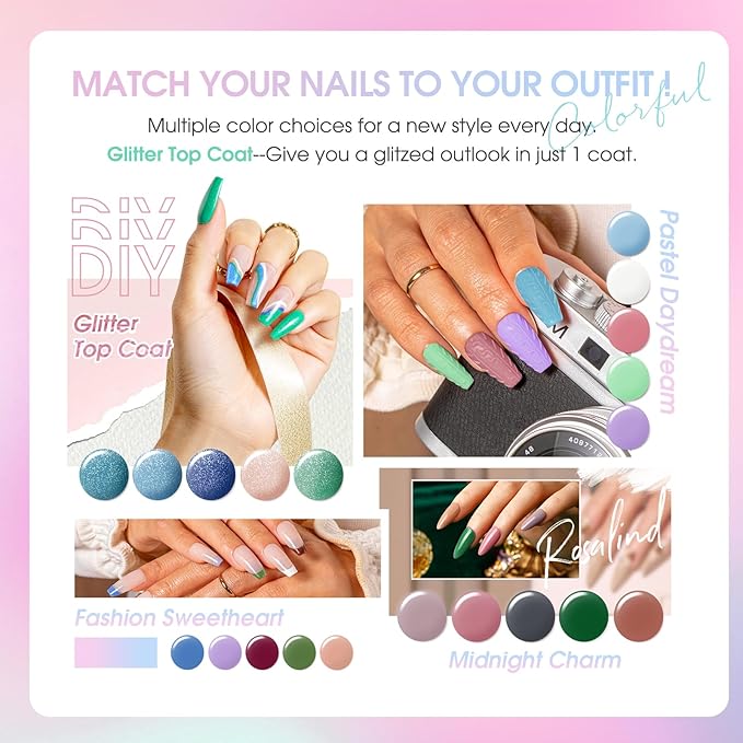 ROSALIND 30PCS Gel Nail Polish Set with Base Glossy Matte and Glitter Top Coat Gel Polish, Wite Blue Green Gel Nail Set Soak Off Gel Polish Set