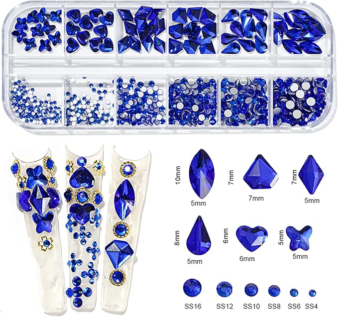 1650 Pcs Crystal Nail Rhinestone Kit Green Red Blue Color with Round Flat Back and Mixed Shapes Rhinestone Nail Art DIY Gem Bead for Girls Women