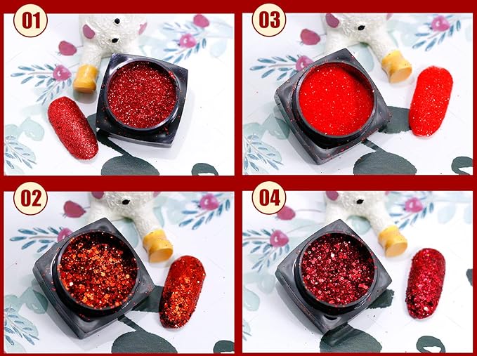 Red Nail Art Glitter Sequins Red Crystal Diamond Sparkly Nail Powder Valentine's Day Nail Supplies New Year Wedding Shiny Nail Flakes for Women Girls Holographic Manicure Tips Charms Pigment 6 Boxes