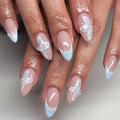 Short Almond Press on Nails French Fake Nails Blue False Nails with Floral and Pearl Designs Cute Artificial Nails Sparkly Handmade NailsFull Cover Stick on Nails for Women 24pcs