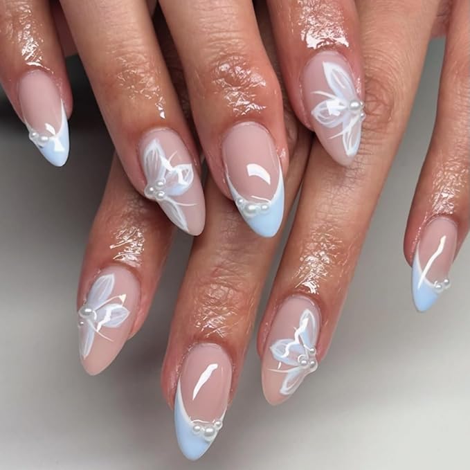 Short Almond Press on Nails French Fake Nails Blue False Nails with Floral and Pearl Designs Cute Artificial Nails Sparkly Handmade NailsFull Cover Stick on Nails for Women 24pcs