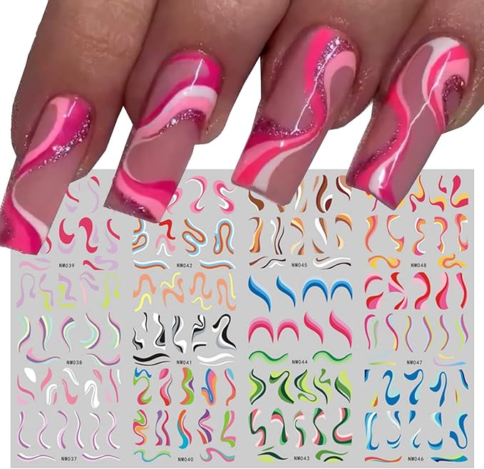 36 Sheets Colorful Stripes Nail Art Stickers Water Transfer Rainbow Nail Decals Wavy Stripe Heart Abstract Nail Art Design Supplies for Women Girls Nail Decoration Accessories