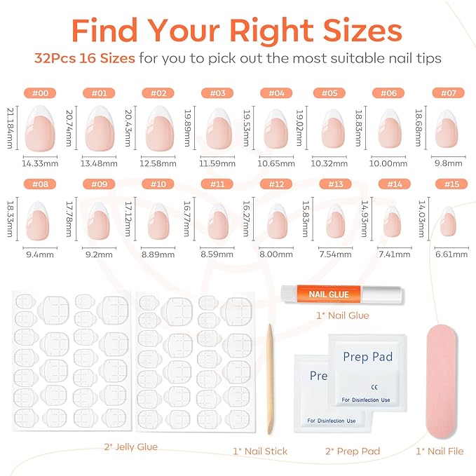 Modelones French Tip Press on Nails Almond, Valentines Short Almond Fake Nails for Women, Reusable Nail Kit with Nail Glue Adhesive Tabs Mini Nail File, Nails Press Ons 32Pcs 16 Sizes ﻿