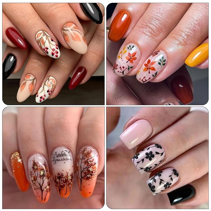 8 Sheets Fall Leaves Nail Stickers - Autumn Orange & Black Flowers Self-Adhesive 3D Nail Decals for Women Girls DIY Thanksgiving Day Floral Manicure