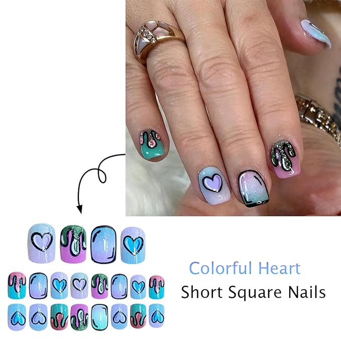Square Press on Nails Short Fake Nails with Designs Colorful Heart Stick on Nail Black Lines Acrylic False Nail French Glossy Artificial Nail Full Cover Glue on Nails for Women