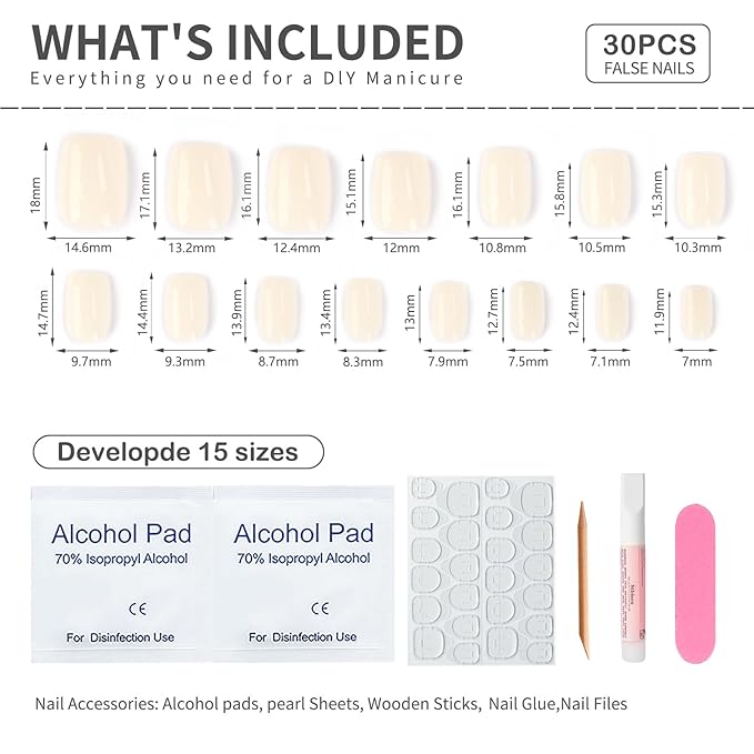 Short Press On Nails Square – 30PCS Glossy Creamy White Shade Fake Nails, Minimalist Acrylic Stick On Nails Kit with Glue & Tools, Natural False Nails for Everyday Wear