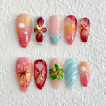 Luxury Press on Nails Medium Almond Handmade 3D Unique Reusable ABS Material Fake Nails Pink&Blue False Nails with Designs French Tip Flower Art Petal Glossy Glue on Nails Thick Acrylic Nails(M)
