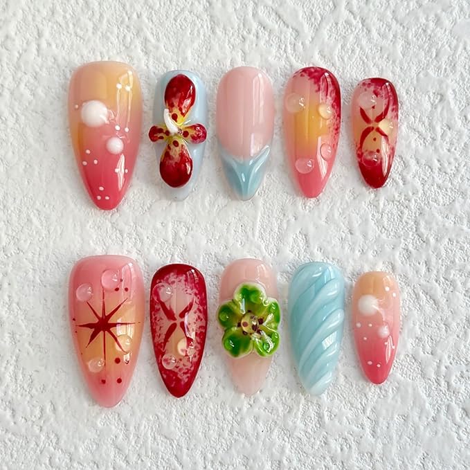 Luxury Press on Nails Medium Almond Handmade 3D Unique Reusable ABS Material Fake Nails Pink&Blue False Nails with Designs French Tip Flower Art Petal Glossy Glue on Nails Thick Acrylic Nails(M)