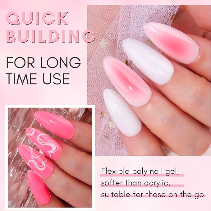 Makartt Hema-Free Poly Nail Gel Set: White & Hot Pink Color, Strong Builder for Extension Strengthener 3D Diy, Long-lasting for Nails French Manicures Home Salon-2PCs 30ML