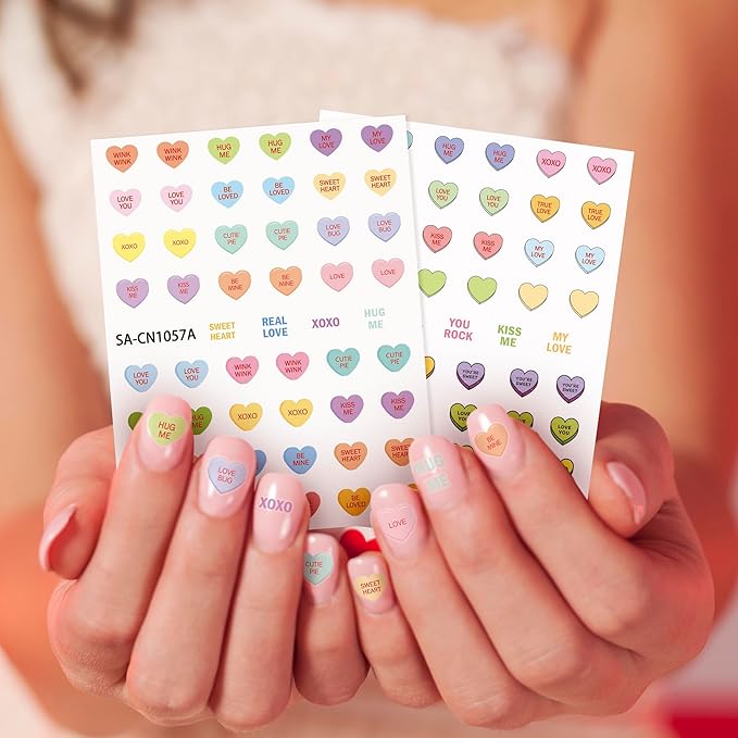 CNhoqc 8 Sheets Valentine’s Day Conversation Heart Candy Color Nail Sticker, Valentine’s Theme Colorful Nail Sticker with Sweet Words Hug Me Be Mine Cute Nail Decals for Girls DIY Manicure Supplies