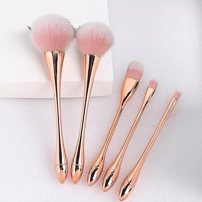 WOKOTO 5pcs Gold Nail Dust Brushes For Acrylic Nails Art Cleaning Brushes Kit Hourglass-Shaped Makeup Brushes Highlighter Brush Loose Powder Eyeshadow Foundation Blush Brushes Dust Nail Brushes Set
