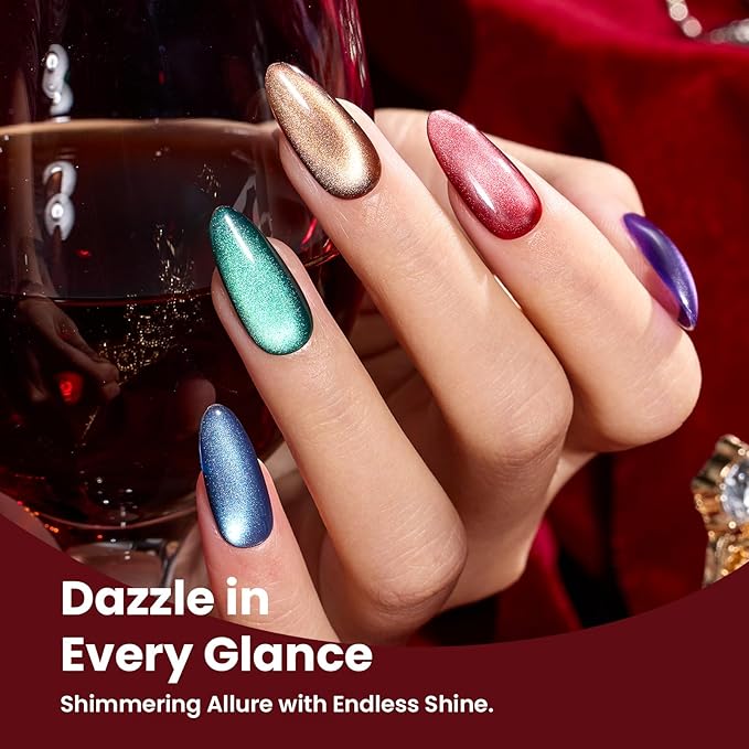 Beetles Jewel Parade Cat Eye Gel Nail Polish Set - 6 Colors Glitter Cat Eye Gel Polish Kit Pink Purple Red Green Blue Brown Burgundy Magnetic Effect Soak Off UV Manicure Gift for Women