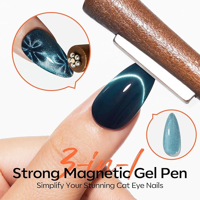 modelones Cat Eye Magnet Set for Nails, Heart Cateye Powerful 3 IN One Magnetic Pen Nail Design Square Double Head Round Magnets Tool Glassy Moon French Flower Cats Eye Effect Manicure DIY Gift