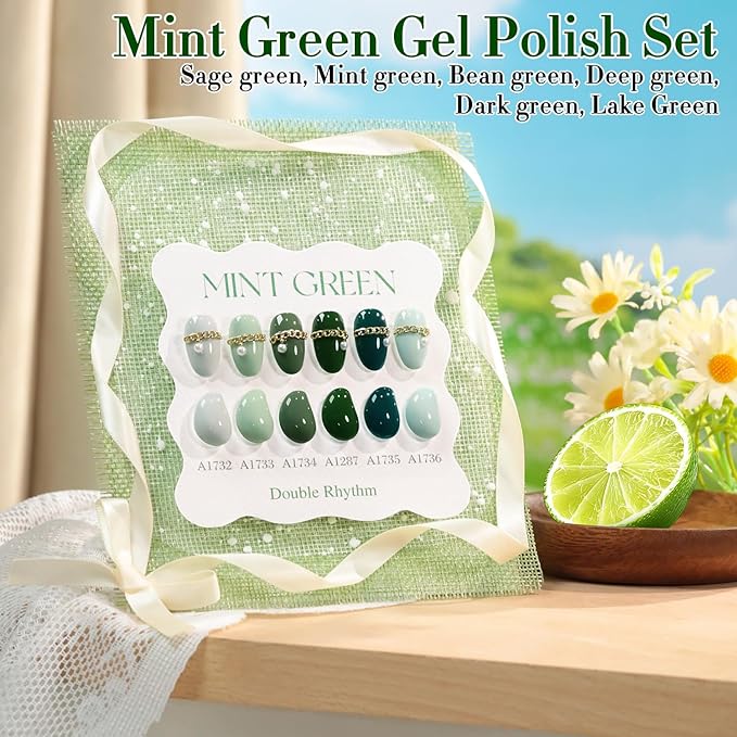 Double Rhythm 6 Pcs 15 ML Gel Polish Set Same Color Same Bottle Soak Off Gel Polish Kit Nail Art Manicure Salon DIY at Home for Women (Dark Mint Frost Sage Green Gray-T6-75)