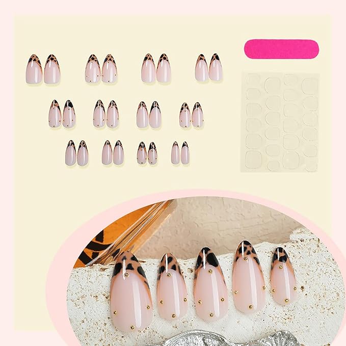 French Tip Press on Nails Medium Almond MABKJLF Fake Nails Fall False Nails with Leopard Print Ball Designs Amber Full Cover Glossy Glue on Nail Autumn Daily Wear Acrylic Nails for Women Girls 24Pcs