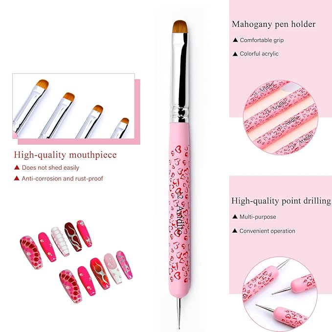 4Pcs Professional Acrylic French Manicure Clean-Up Brushes & Dotting Pens - Pink Heart Handles, Precision Tips (#10#12#14#16) for Nail Art, Cuticle Care (pink)