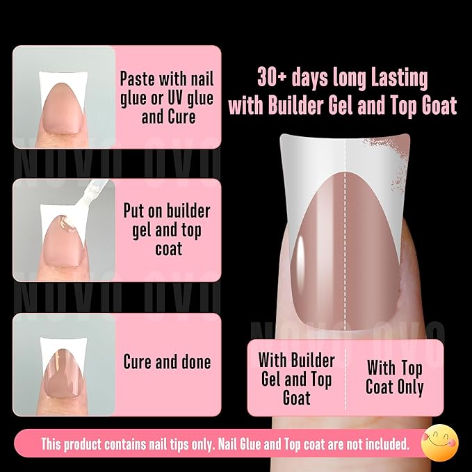 NOVO OVO Short Duck Nail Tips French Tip Press On BROWN PINK, Pre-designed Soft Gel Nail Extension, Need Buider Gel Top Coat, No Glue included, Full Cover Acrylic False Nails for DIY x 12 Sizes 240 pc