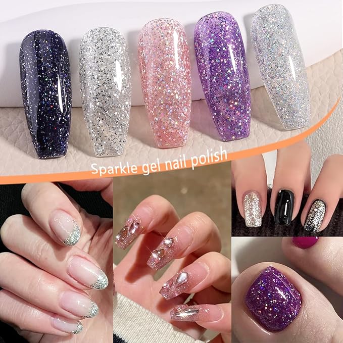 Gel Nail Polish Set With UV Light, 20 Pcs Nude Pink Blue Black White Gel Nail Polish Kit With Base Gels Top Coat and Nails Art Stickers Soak Off Sparkle Glitter Polishes Home Manicure