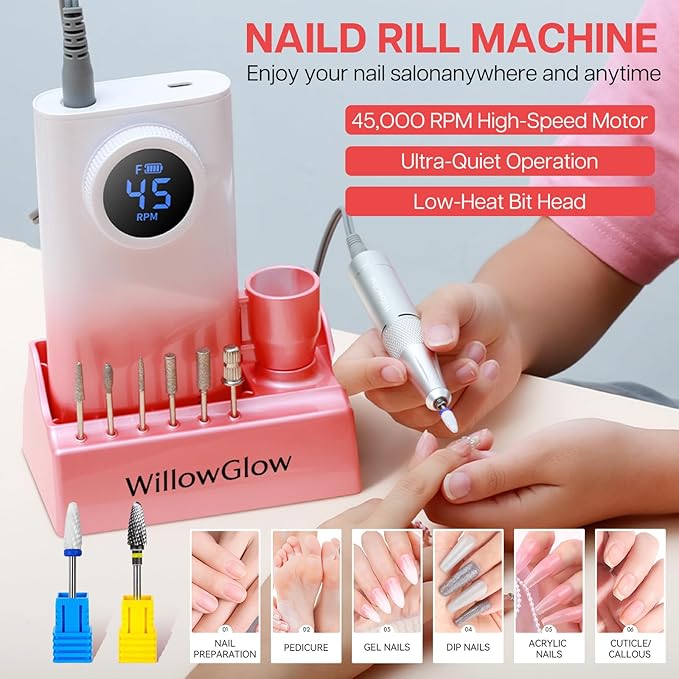 Professional Nail Drill with Charging Dock & Ceramic/Tungsten Bits, 45000RPM Stepless Speed Cordless Efile for Fast Acrylic Gel Removal, Electric Nail File Machine for Home Salon Use (Gradient Pink)