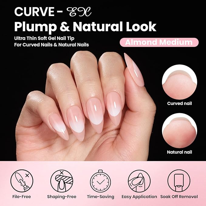 Beetles Gel Nail Kit Curve-EX, Almond Medium, 320pcs 16 Sizes Nail tips, with 15g Nail Glue Gel Hands-Free, 7.5ml Base Gel & Top Coat, Mini Lamp, for Acrylic Press On Nail, Extension DIY Set at Home