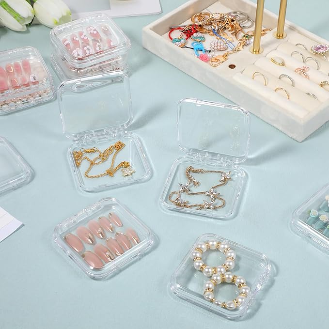SHENLIU 50 Pack Press On Nail Packaging Box, 3 x 3 Clear Press on Nail Display Case, Acrylic Fake Nails Storage Box with 120 Adhesive Nail Tapes for Nail Display Nail Salon Supplies Nail Art Business